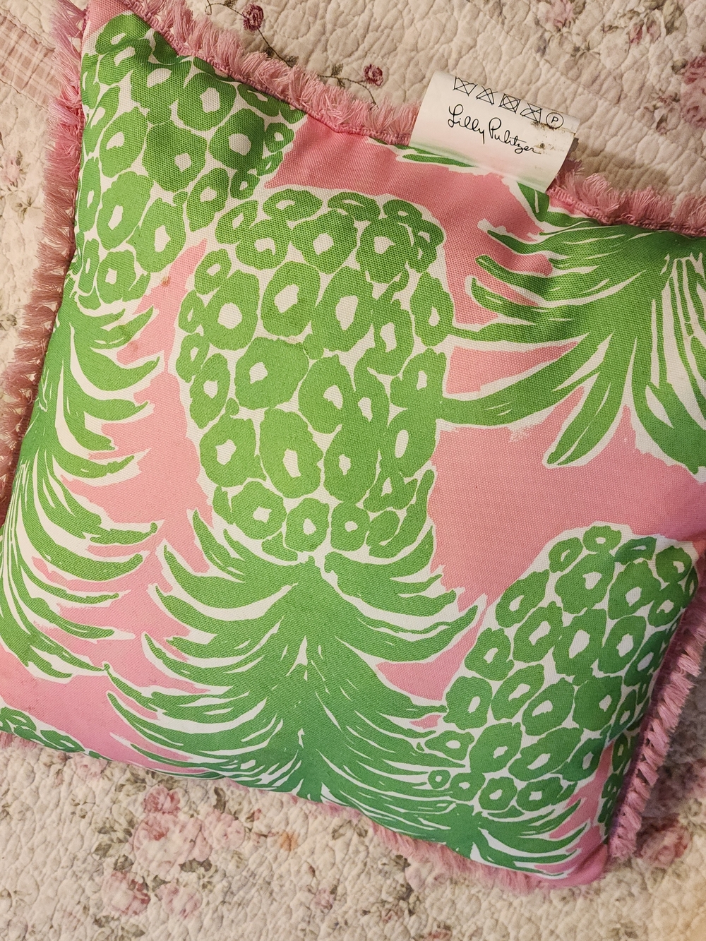 Lilly Pulitzer Pink and Green Pineapple Pattern Pillow
